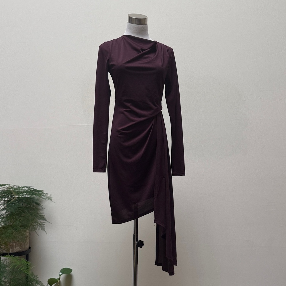 Topshop Dark Plum Long Sleeve Asymmetrical Crepe Dress